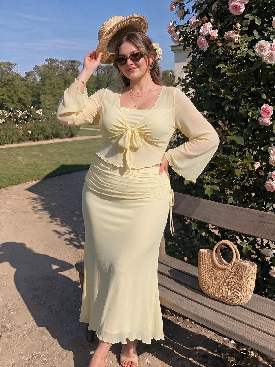 SHEIN MOD 大尺碼女款純色前打結喇叭袖上衣與魚尾裙優雅浪漫 L'amoure 兩件套 秋季正式度假白色 - 黃色 - 查看 1