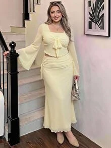 SHEIN MOD 大尺碼女款純色前打結喇叭袖上衣與魚尾裙優雅浪漫 L'amoure 兩件套 秋季正式度假白色 - 黃色 - 查看 11