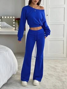 SHEIN EZwear 2pcs/Set Women Gray Asymmetrical Shoulder Sweatshirt Flared Sweatpants Lounge Autumn Casual - Royal Blue - View 5