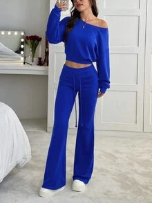 SHEIN EZwear 2pcs/Set Women Gray Asymmetrical Shoulder Sweatshirt Flared Sweatpants Lounge Autumn Casual - Royal Blue - View 4