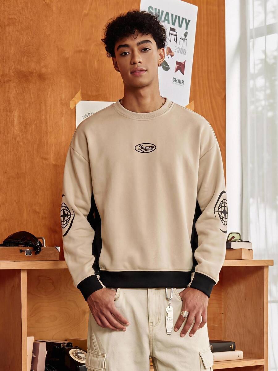 SWAVVY Men's Knitted Fashion Daily Young Casual Loose Long Sleeve Thermal Lined Autumn/Winter Sweatshirt - Light Khaki - View 1
