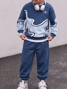 SHEIN Coolqubz Tween Boys' Autumn/Winter Sports Set, Wave Digital Print Crew Neck Sweatshirt And Jogger Pants 2 Pieces Set, Casual Loose Fit, Versatile For Daily Wear And School - Blue - View 1