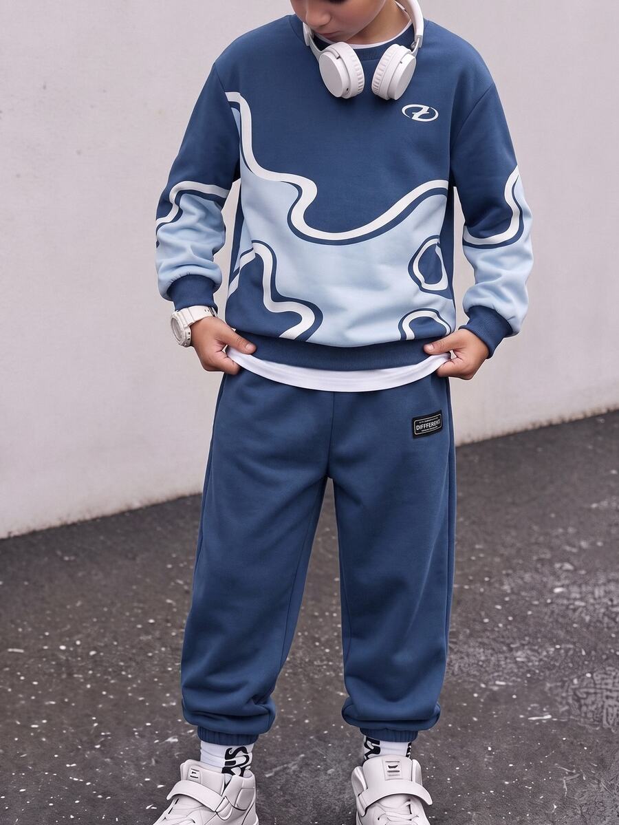 SHEIN Coolqubz Tween Boys' Autumn/Winter Sports Set, Wave Digital Print Crew Neck Sweatshirt And Jogger Pants 2 Pieces Set, Casual Loose Fit, Versatile For Daily Wear And School - Blue - View 1