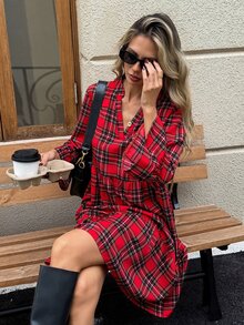 SHEIN LUNE 聖誕休閒秋冬可愛通勤日常度假女款短洋裝 長袖格子款 日常基礎時尚外出穿搭 紅色格紋 - 紅色 - 查看 5