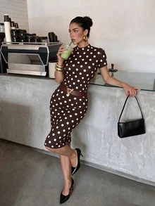 Lavishia Women's Polka Dot Stand Collar Short Sleeve Top And Skirt Casual Daily Set - Mocha Brown - View 7