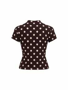 Lavishia Women's Polka Dot Stand Collar Short Sleeve Top And Skirt Casual Daily Set - Mocha Brown - View 8
