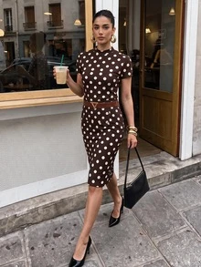 Lavishia Women's Polka Dot Stand Collar Short Sleeve Top And Skirt Casual Daily Set - Mocha Brown - View 5