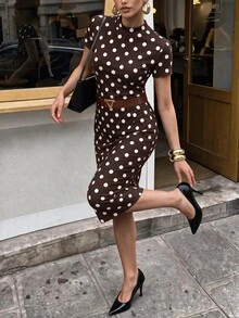 Lavishia Women's Polka Dot Stand Collar Short Sleeve Top And Skirt Casual Daily Set - Mocha Brown - View 4