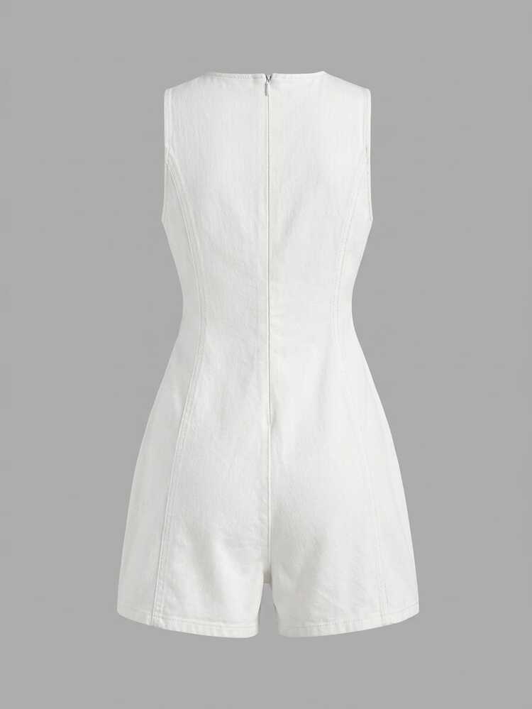 Firerie Kids Firerie Kids Tween Girl Round Neck Kids Asymmetrical Hem Tie-Up Denim Overall Shorts - White - View 3
