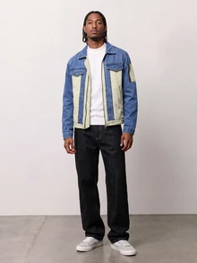 Zalmeno Men's Color Block Flap Detail Denim Jacket - Medium Wash - View 5
