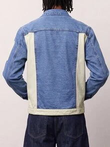 Zalmeno Men's Color Block Flap Detail Denim Jacket - Medium Wash - View 3