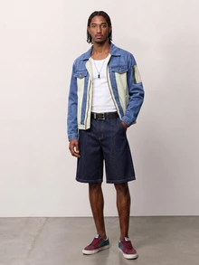 Zalmeno Men's Color Block Flap Detail Denim Jacket - Medium Wash - View 8