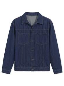 Zalmeno Men Front Button Patch Pocket Casual Long Sleeve Plain Urban Dark Denim Loose Jacket - Dark Wash - View 4