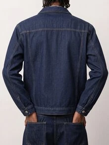 Zalmeno Men Front Button Patch Pocket Casual Long Sleeve Plain Urban Dark Denim Loose Jacket - Dark Wash - View 3