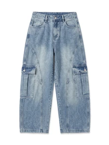Zalmeno Men's Casual Street Style Multi-Pocket Distressed Flared Leg Blue Jeans - Light Wash - View 6