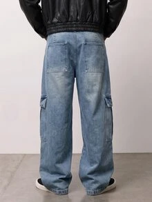 Zalmeno Men's Casual Street Style Multi-Pocket Distressed Flared Leg Blue Jeans - Light Wash - View 3
