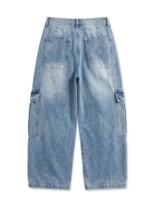 Zalmeno Men's Casual Street Style Multi-Pocket Distressed Flared Leg Blue Jeans - Light Wash - View 5
