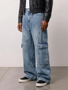 Zalmeno Men's Casual Street Style Multi-Pocket Distressed Flared Leg Blue Jeans - Light Wash - View 2
