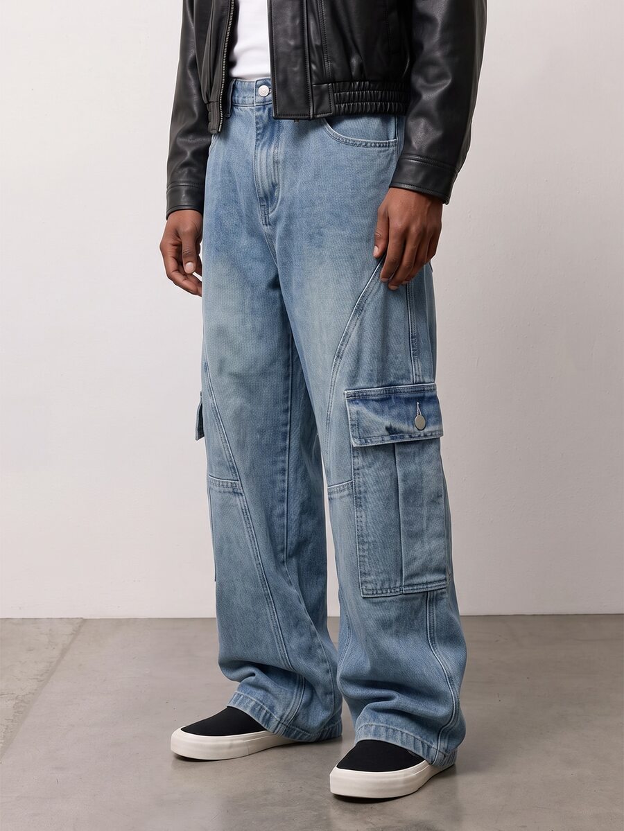 Zalmeno Men's Casual Street Style Multi-Pocket Distressed Flared Leg Blue Jeans