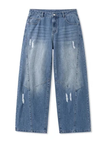 Zalmeno New Distressed Baggy Straight Leg Vintage American Style Casual Pants, Suitable For All Seasons - Medium Wash - View 7