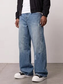 Zalmeno New Distressed Baggy Straight Leg Vintage American Style Casual Pants, Suitable For All Seasons - Medium Wash - View 2