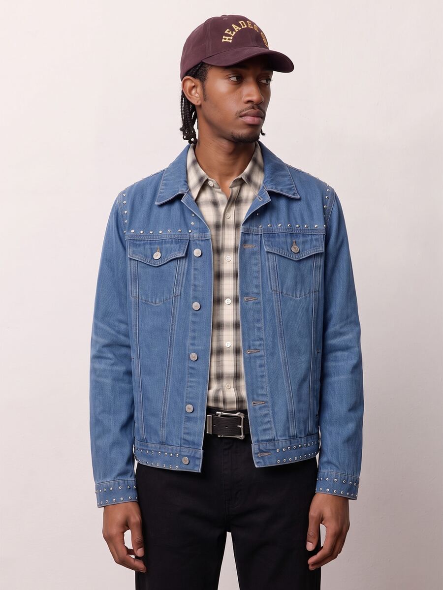 Zalmeno Men's Loose Casual Plain Denim Jacket With Pearl Decor, Autumn, For Vacation
