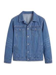 Zalmeno Men's Loose Casual Plain Denim Jacket With Pearl Decor, Autumn, For Vacation - Blue - View 6