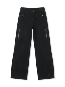 VOXRYNE Men's Straight Leg Loose Casual Denim Jeans With Zipper Pockets - Black - View 6