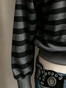 SHEIN 女款休閒寬鬆半拉鍊長袖條紋運動衫 - 黑色 - 查看 4