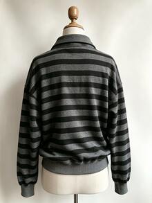 SHEIN 女款休閒寬鬆半拉鍊長袖條紋運動衫 - 黑色 - 查看 3