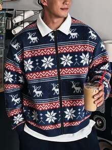Claim Dot Men's Zipper Christmas Jacket, Blue Background With Snowflake And Deer Pattern, Fashionable And Versatile, Suitable For Christmas Home Leisure, Outdoor Activities, Perfect Gift For Boyfriend Or Husband - Multicolor - View 3
