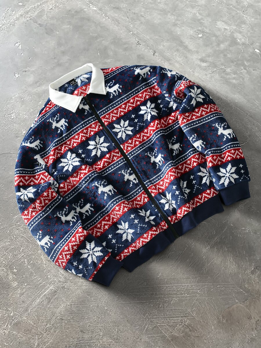Claim Dot Men's Zipper Christmas Jacket, Blue Background With Snowflake And Deer Pattern, Fashionable And Versatile, Suitable For Christmas Home Leisure, Outdoor Activities, Perfect Gift For Boyfriend Or Husband - Multicolor - View 1