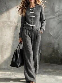 LUMIGAL Women's 2 Pieces Set: Round Neck Chinese Style Grey Gray Cardigan With Frog Buttons, Long Sleeves, Vertical Ribbed Knit, High-Waist Pants Fall - Grey - View 1