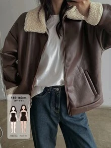 DAZY Women's Colorblock PU Leather Fashion Versatile Long Sleeve Leather Jacket Winter - Brown - View 1