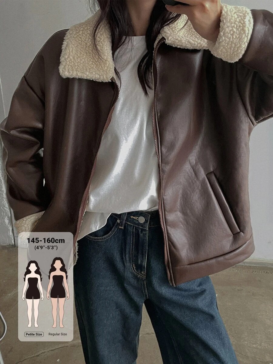DAZY Women's Colorblock PU Leather Fashion Versatile Long Sleeve Leather Jacket Winter - Brown - View 1