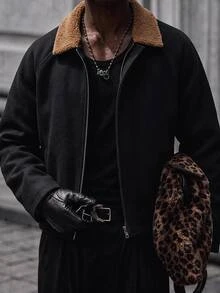 Manfinity RebelGame 男士寬鬆休閒商務休閒復古梭織翻領長袖大衣，適合秋冬萬聖節冬季派對辦公工作，黑色 - 黑色 - 查看 1