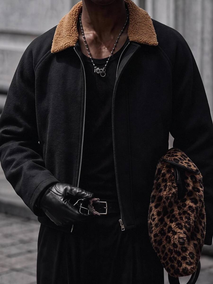 Manfinity RebelGame 男士寬鬆休閒商務休閒復古梭織翻領長袖大衣,適合秋冬萬聖節冬季派對辦公工作,黑色 - 黑色 - 查看 1