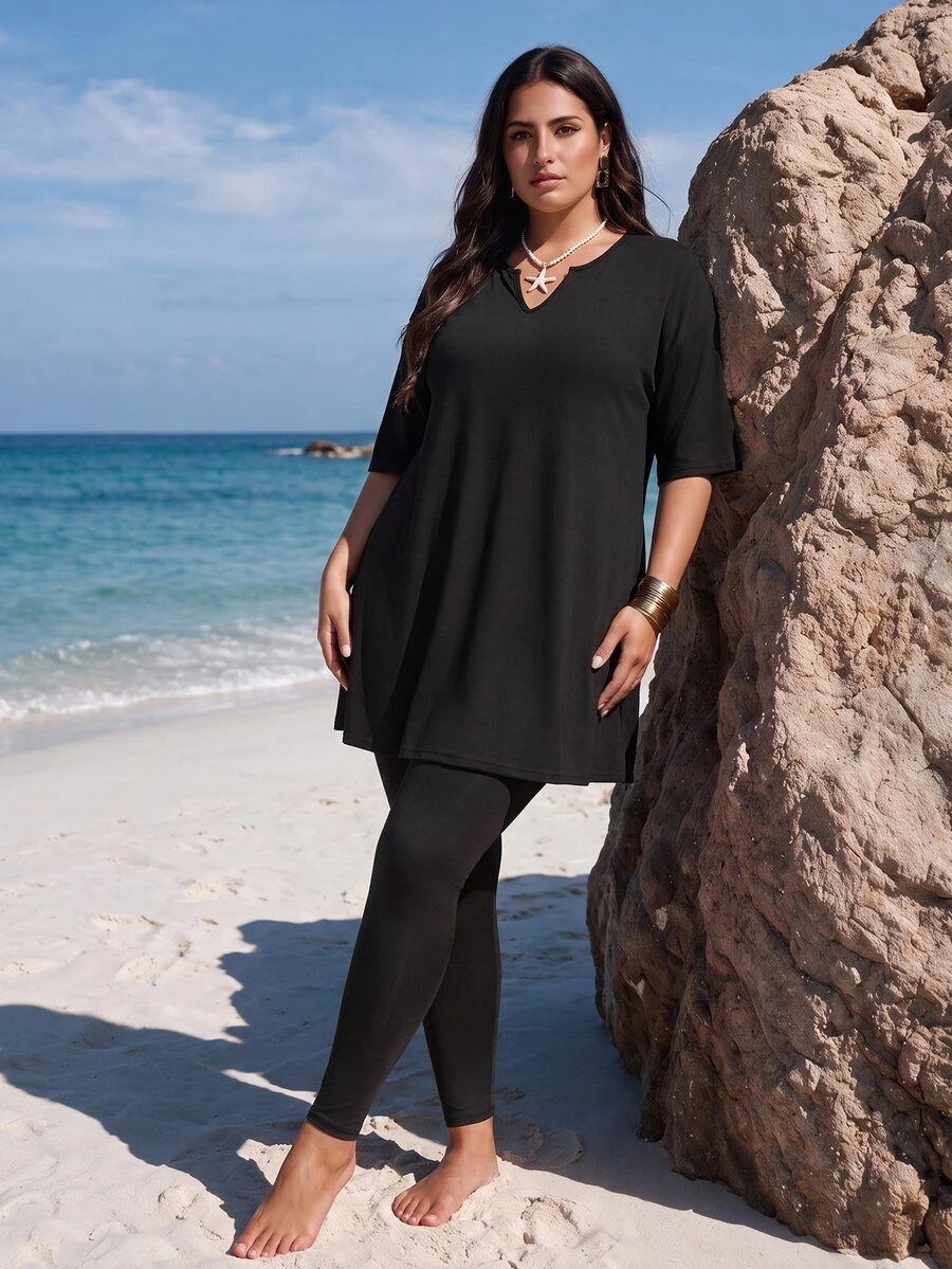 SHEIN Swim Plus Size Women 2pcs Swimwear Set Short Sleeve Top Long ...