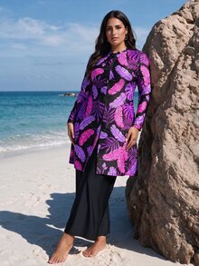 SHEIN Swim Bộ đồ bơi 2 mảnh nữ size lớn phong cách casual đi nghỉ mát, khóa kéo, họa tiết lá nhiệt đới, kiểu Trung Đông, thời trang đi biển Xuân/Hè 2026 mới - Màu Hồng Tươi - Xem 2