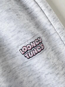 LOONEY TUNES X SHEIN 大童男孩卡通圖案印花長袖衛衣與牛仔運動長褲套裝 - 灰色 - 查看 4