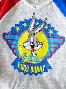 LOONEY TUNES X SHEIN 大童男孩卡通圖案印花長袖衛衣與牛仔運動長褲套裝 - 灰色 - 查看 3