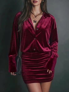 Lucivie 女款優雅雞尾酒會夜出酒紅天鵝絨翻領鈕扣長袖抓褶緊身迷你洋裝,適合聖誕與秋季 - 酒紅色 - 查看 6