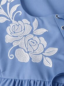 Skyraze 女款刺繡綁帶無袖洋裝，黑白鄉村風茶會秋季款，優雅花卉哥德式束腰中長裙，海盜維多利亞風 - 藍色 - 查看 6