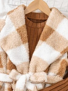 SHEIN Elladie kids Tween Girls Outfits 3 Pieces Set Plaid Fuzzy Belted Cardigan Vest Rib Knit Long Sleeve Top Pants Autumn Winter Thanksgiving Tan Brown Casual - Multicolor - View 6