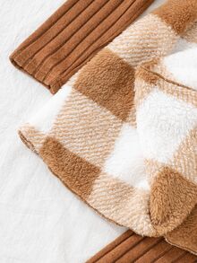 SHEIN Elladie kids Tween Girls Outfits 3 Pieces Set Plaid Fuzzy Belted Cardigan Vest Rib Knit Long Sleeve Top Pants Autumn Winter Thanksgiving Tan Brown Casual - Multicolor - View 4