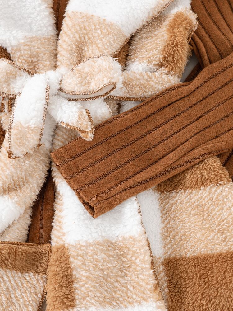 SHEIN Elladie kids Tween Girls Outfits 3 Pieces Set Plaid Fuzzy Belted Cardigan Vest Rib Knit Long Sleeve Top Pants Autumn Winter Thanksgiving Tan Brown Casual - Multicolor - View 8