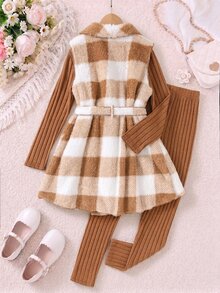 SHEIN Elladie kids Tween Girls Outfits 3 Pieces Set Plaid Fuzzy Belted Cardigan Vest Rib Knit Long Sleeve Top Pants Autumn Winter Thanksgiving Tan Brown Casual - Multicolor - View 2