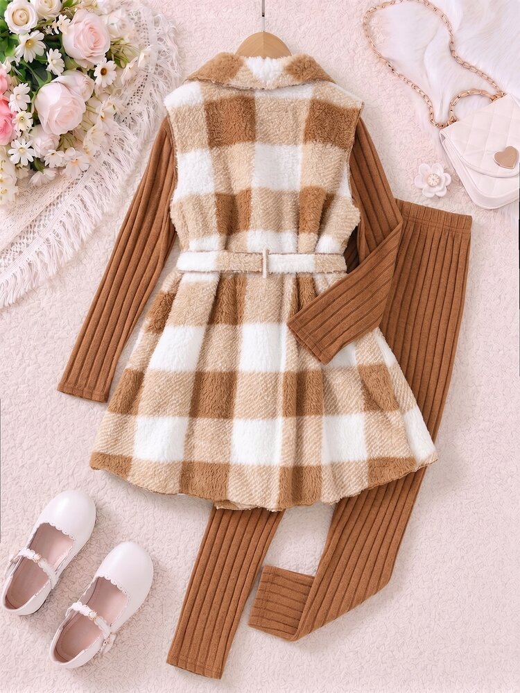 SHEIN Elladie kids Tween Girls Outfits 3 Pieces Set Plaid Fuzzy Belted Cardigan Vest Rib Knit Long Sleeve Top Pants Autumn Winter Thanksgiving Tan Brown Casual - Multicolor - View 2
