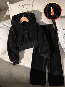 SHEIN 2件組女童黑色花卉收腰刷毛抓絨運動衫與寬鬆長褲休閒端莊運動套裝，適合秋季/俱樂部假期 - 黑色 - 查看 5