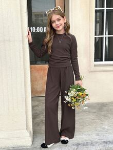 SHEIN Tween Girls Dark Brown Autumn Casual 2 Pieces Set,Textured Knit Side Ruched Long Sleeve T-Shirt And Wide Leg Pants,Back To School Fall Winter Outfit - Brown - View 5